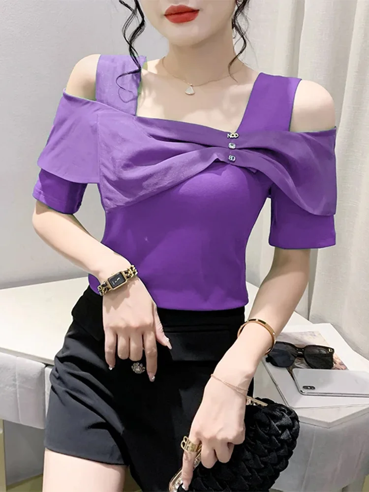 

Winsleter Women Sexy Off Shoulder Patchwork Bowtie Slim Tops Summer European Clothes Tshirts Short Sleeve Tees New 2023 T35754M