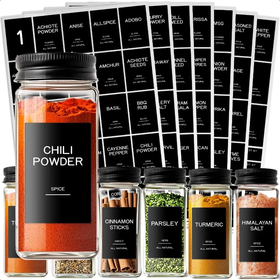 

201 Spice Jar Labels Black Preprinted Minimalist Waterproof Stickers for Kitchen Jars Herb and Seasoning Labels for Pantry Orga