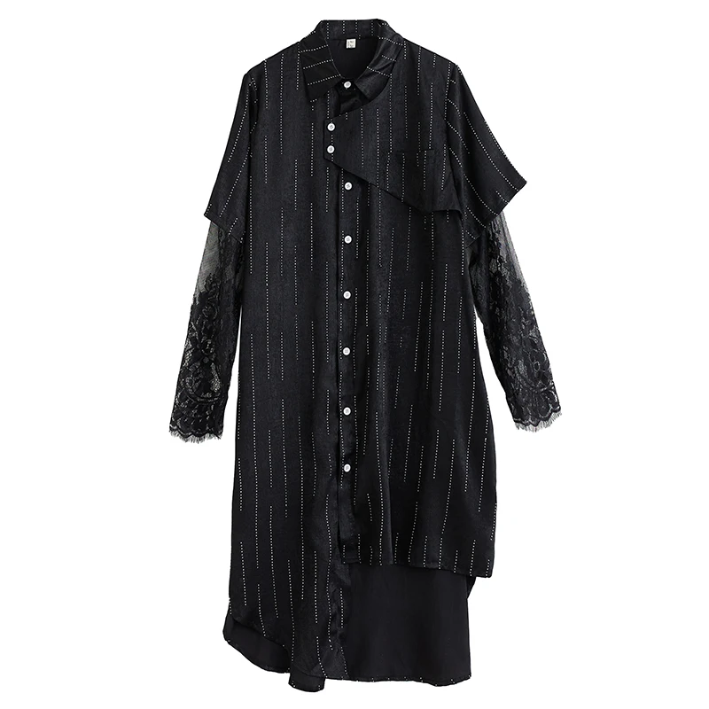 Loose Lace Insert Asymmetrical irt Dr Striped Patchwork Faion Design Summer Women's plus Size Dr  Collar Long S...