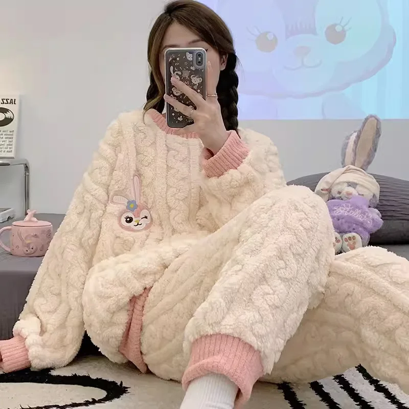 Autumn Winter Women\'s Pajamas Cute Cartoon Printed Sleepwear Casual Home Wear Set Girl Knitted Size M-2XL Pijamas Fashion Pyjama