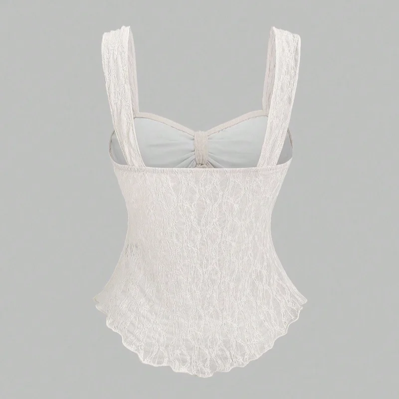 French Style Solid Color Lace Jacquard Cami Vest With Bow Waist Cinching Crop Top Gentle Pure And Elegant