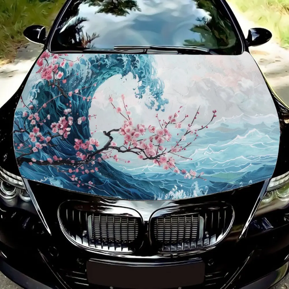 

Синие японские волны, розовые сливы, обертка на капот автомобиля, цветная виниловая наклейка, графический капот грузовика, автоаксессуары, декор, наклейка, подарок