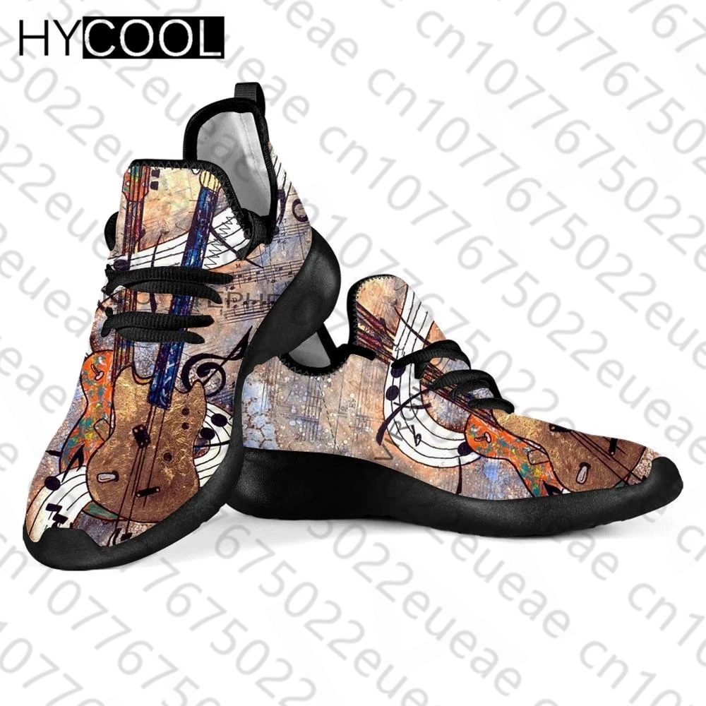 HYCOOL New Style Summer Women Sport Footwear Retro Art Guitar Printing Mesh Air Knitting Lightweight Outdoor Lace Up Sneakers