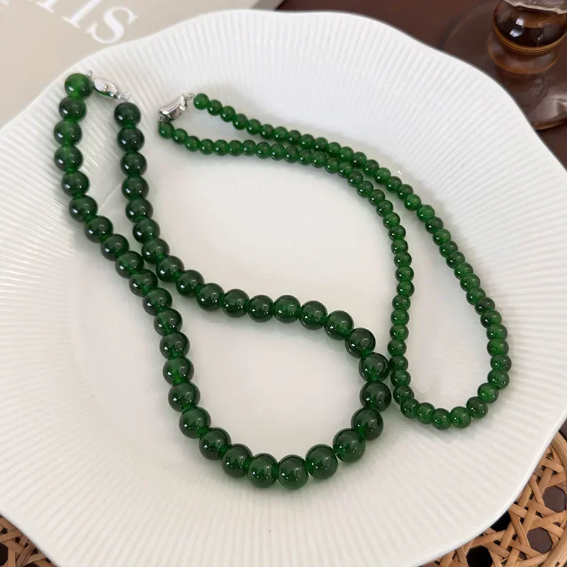 Minar 2024 New 4 6 8 10mm Green Color Glass Beads Strand Beaded Necklace for Women Female Silver Plated Toggle Clasp Chokers