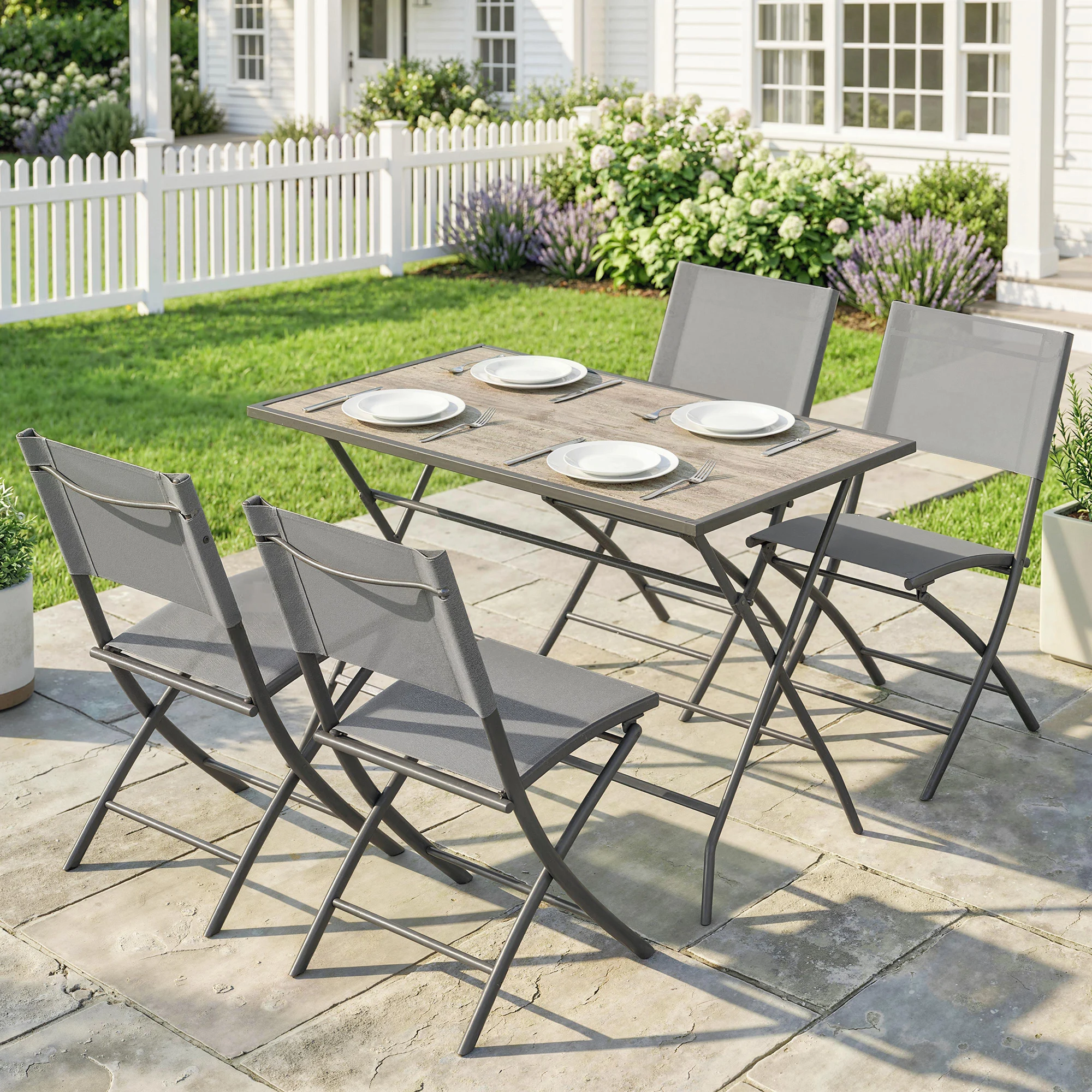 Outsunny 5 Piezas Jardín: 4 Sillas y Mesa Plegables, Gris 🌿