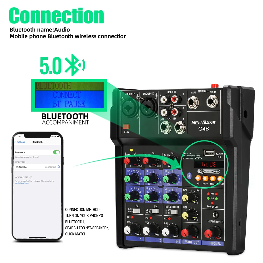 4 Channel DJ Mixing Console Sound Mixer Bluetooth USB Connect Stereo Tuning Equipment for Audio Mixer Professional Studio