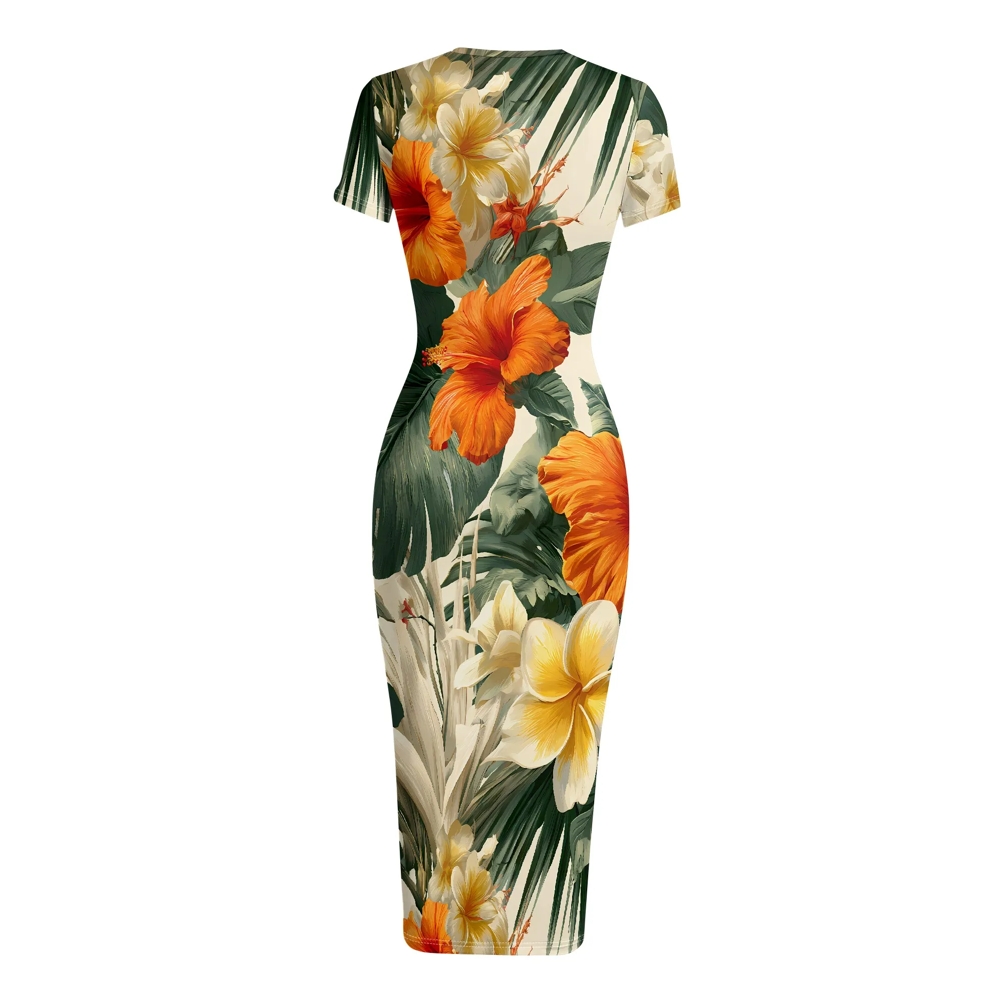 Tropical Hibiscus Print Dress, Floral Summer Bodycon, Orange Leaf Pattern Midi Gown, Vacation Beach Wear, S-2XL