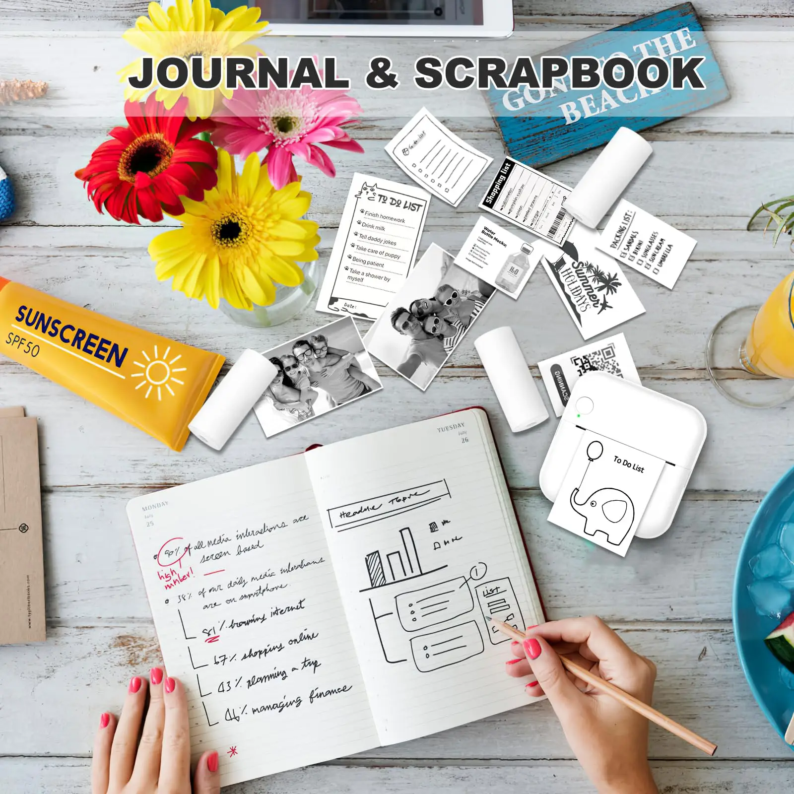 Mini Printer 57x25mm White & Transparent Thermal Rolls - BPA-Free Tear-Resistant for PeriPage/Printers, Journals/Logistics/DIY