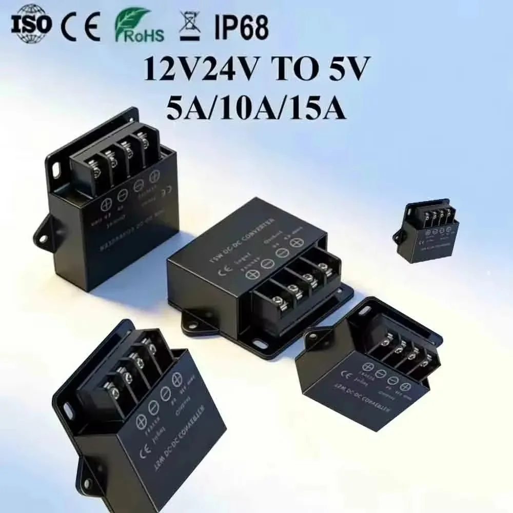 DC Buck Voltage Regulator Module 12V 24V to 5V, 5A 10A 15A DC-DC Step Down Converter, Car Power Transformer, CE Certified