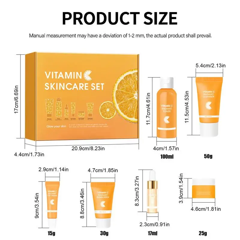 6 unids/set vitamina C cuidado Facial Set suero hidratante VC Essencee Toner VC crema Facial limpiador Facial desvanecimiento ojeras crema de ojos