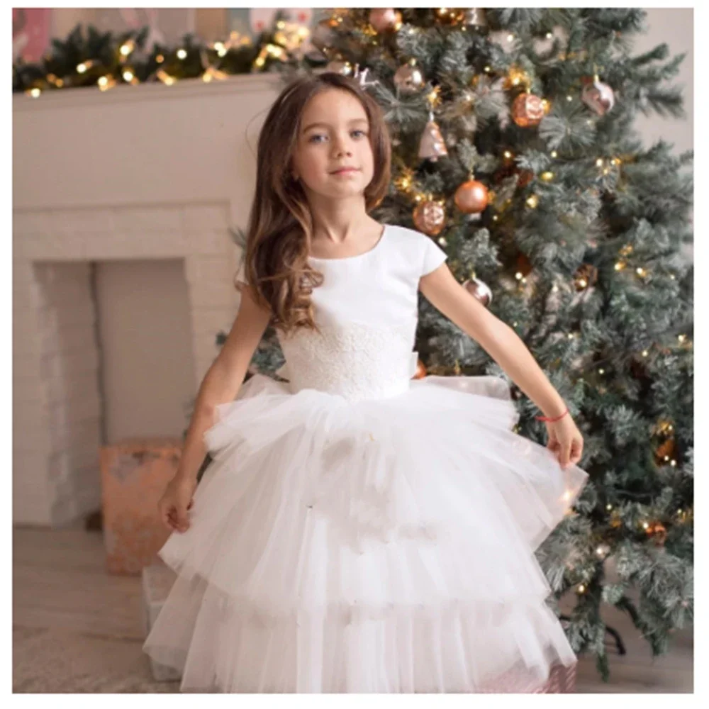 

Customized Flower Girl Dresses Spoon Collar Short Sleeves Delamination Wedding Gowns with First Communion Birthday Prom Party
