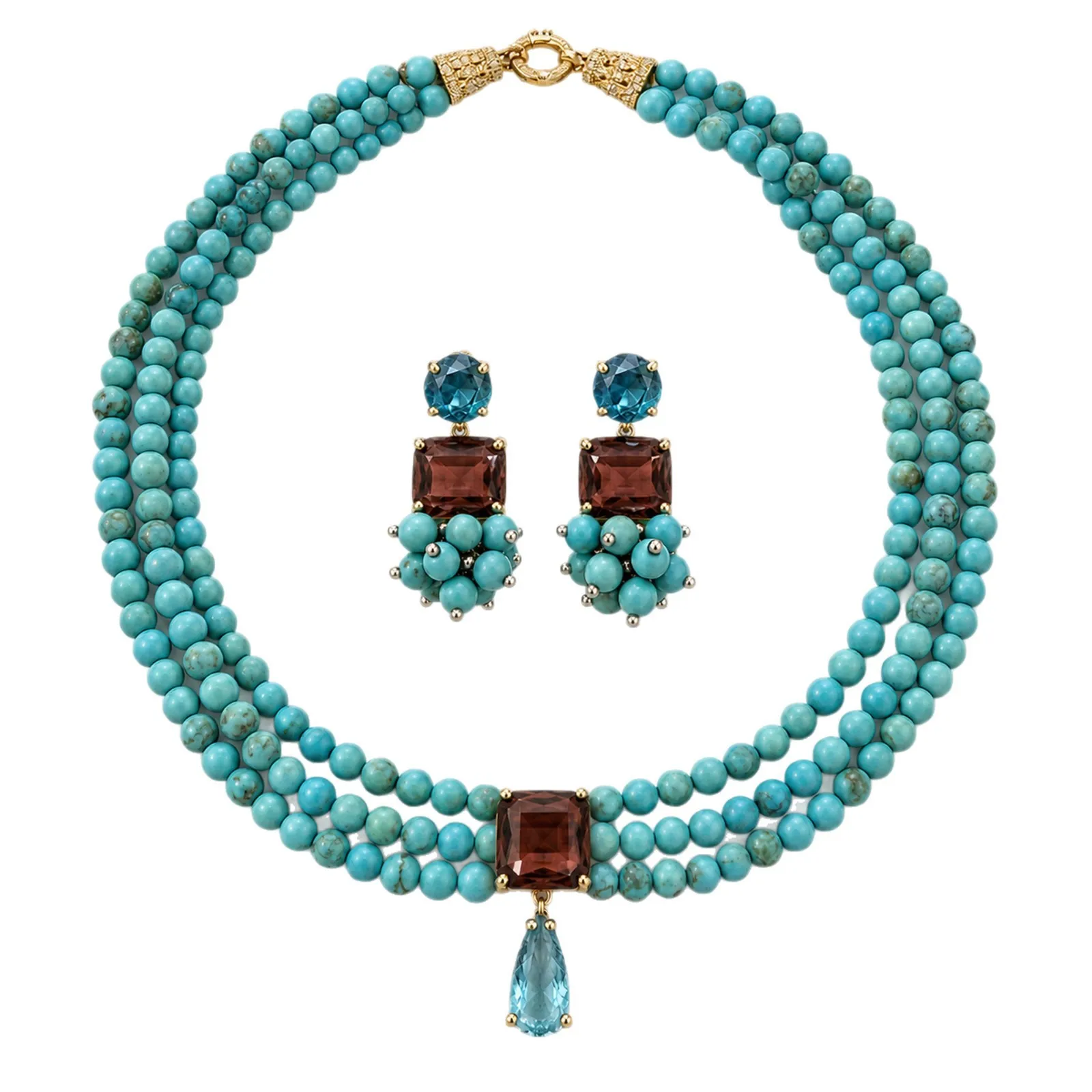 Luxury Handmade Bohemian Turquoise Necklace & Earring Two-Piece Set, Women Banquet Wedding Jewelry Set with Ring Gift