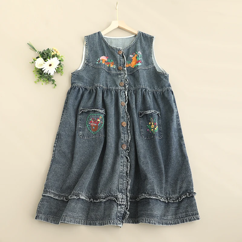 Robe mi-longue en coton et Denim pour femmes, Vintage japonais, Mori Girl, broderie de fleurs, col rond, sans manches, simple boutonnage, nouvelle collection printemps