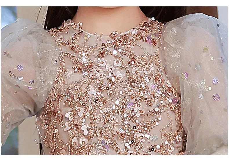 เด็กประกวดบอลชุด High-End ชุดเจ้าหญิง Sequins ลูกปัดแขนฟองสาวดอกไม้งานแต่งงานชุด