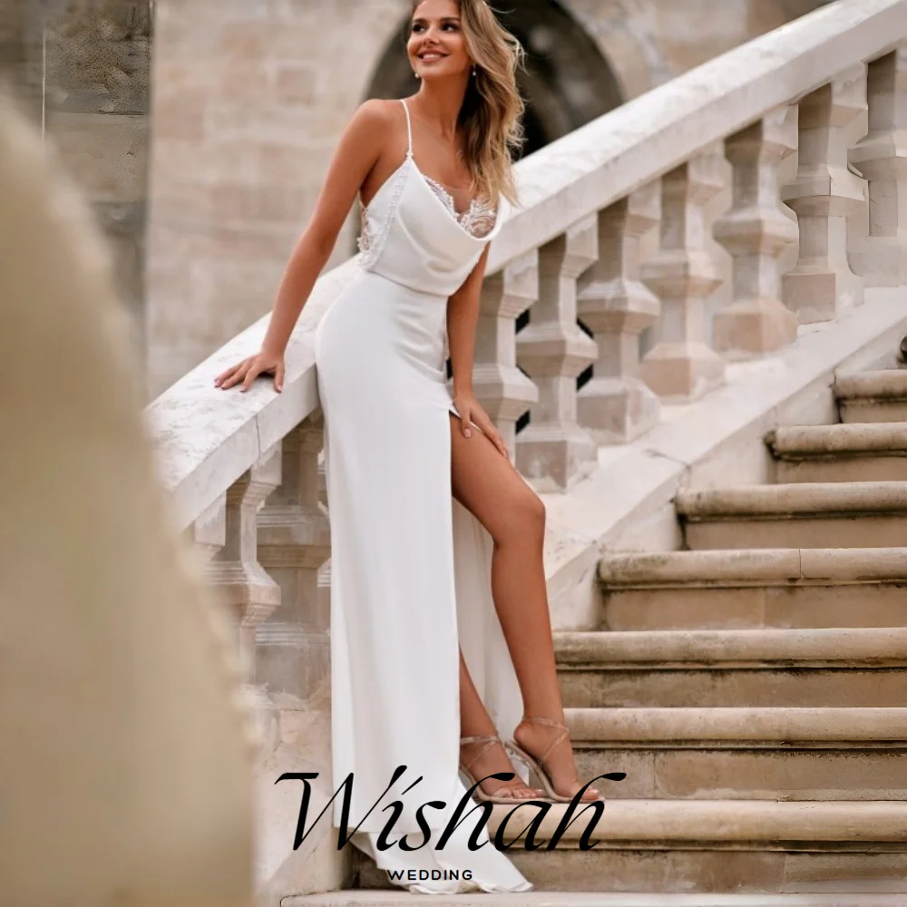 Wishah Wedding Dresses Elegant Spaghetti Strap Beading Tassel Lace-up Backless Sheath Sexy High Forked Mermaid Long Bride Dress