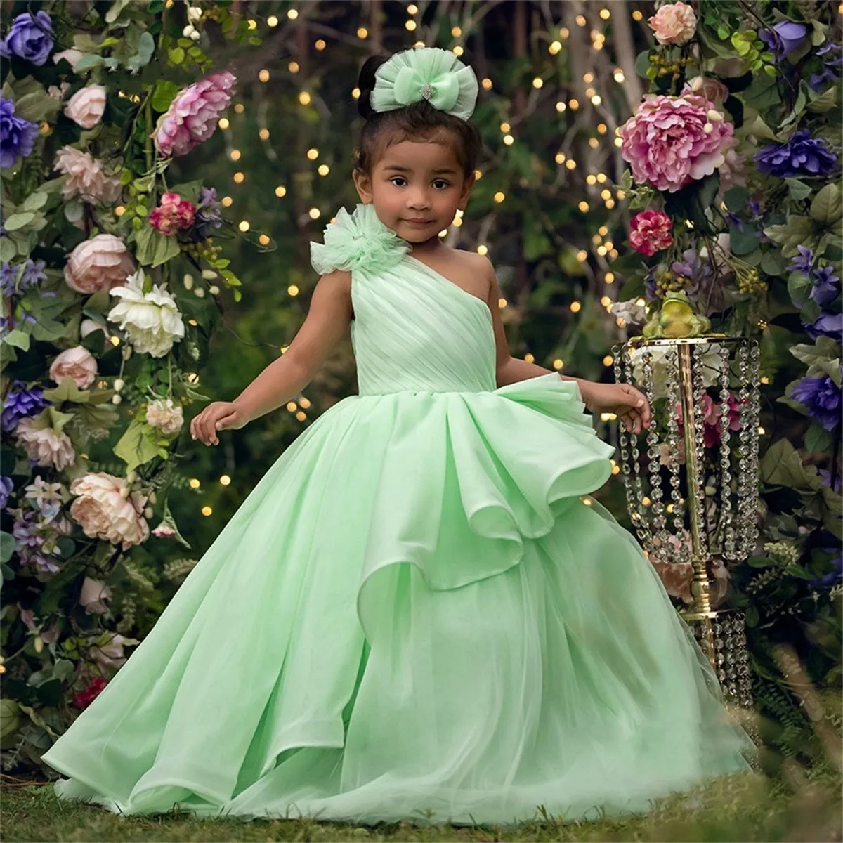 

One Shoulder Flower Girl Dress Wedding Sleeveless Green Tulle Layered Cute Child First Communion Celebration Party Ball Gowns