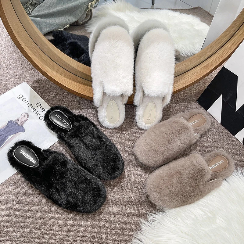 Dedo do pé redondo chinelo de pele macia mulher grosso de pelúcia mule sapatos senhoras moda deslizamento ao ar livre pantuflas inverno quente plana algodão slide
