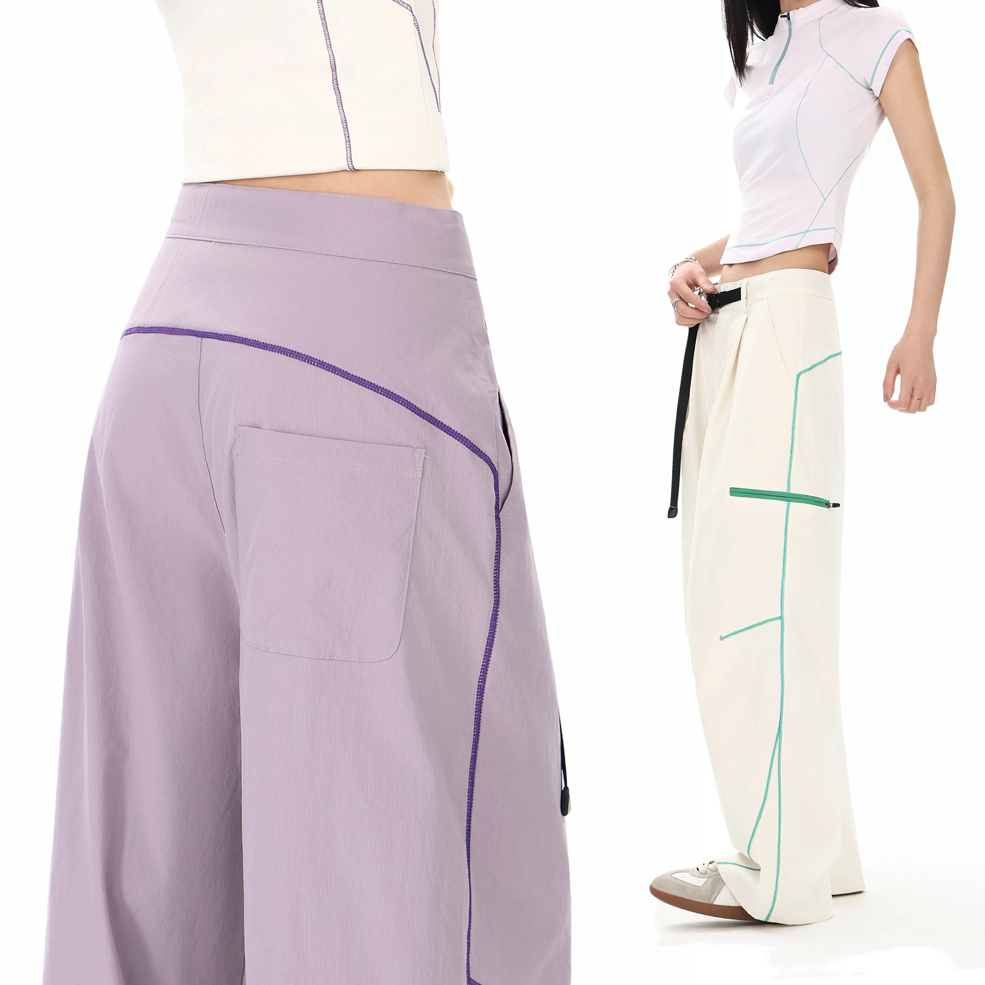 Women's Lightweight Water-Repellent Wide-Leg Cargo Pants – Breathable  Trousers with Contrast Stitching Urban Outdoor Streetwear