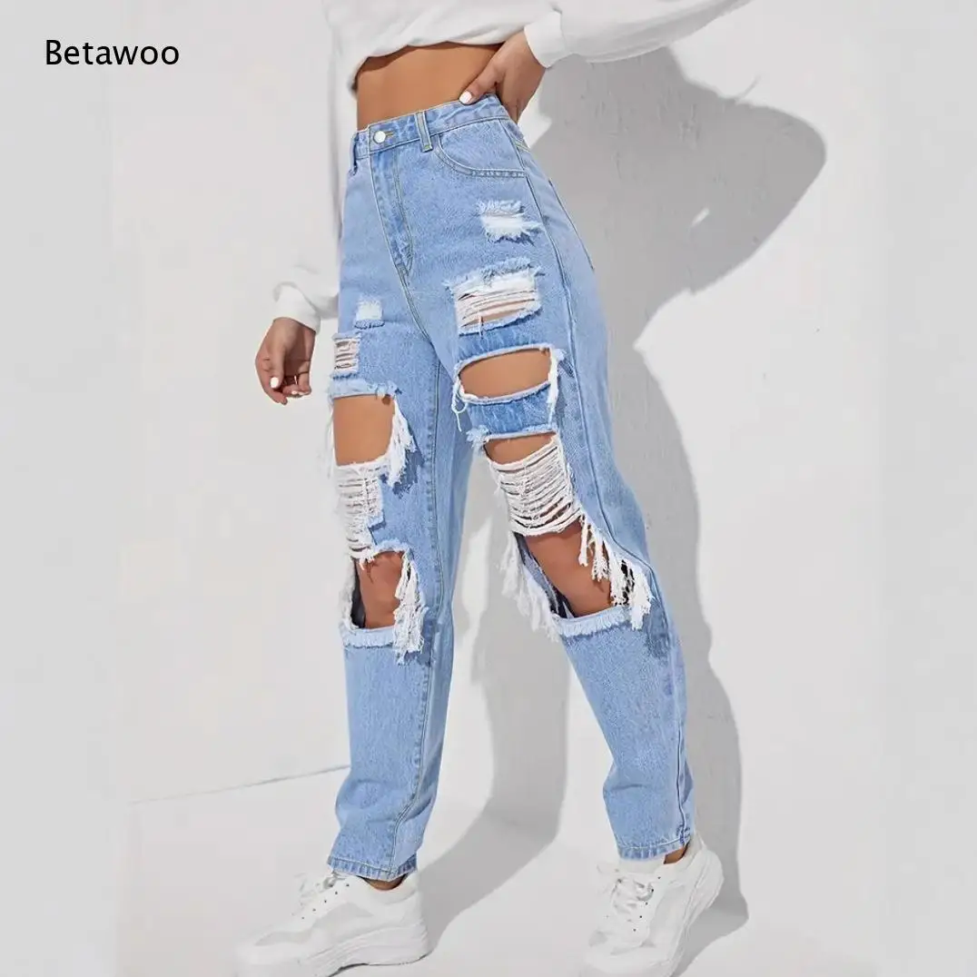 Women's High Waist Ripped Distressed Denim Jeans Light Blue Wash Wide Leg Pants Casual Streetwear Long Trousers with Pockets