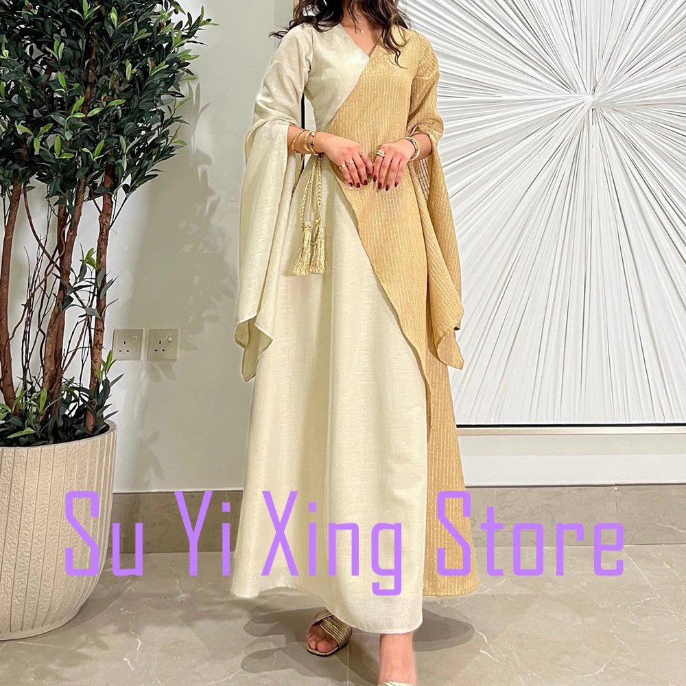 Customized Modern Off the Shoulder Chiffon Evening Dresses Temperament A-Line Ankle Length V-Neck Long Sleeves فساتين سهره نسائي image 3