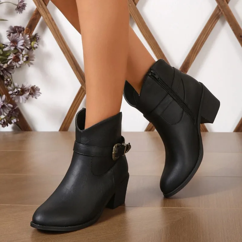 

Europe and The United States Fashion Boots PU Brown Side Zipper Metal Buckle with High-heeled Low Boots