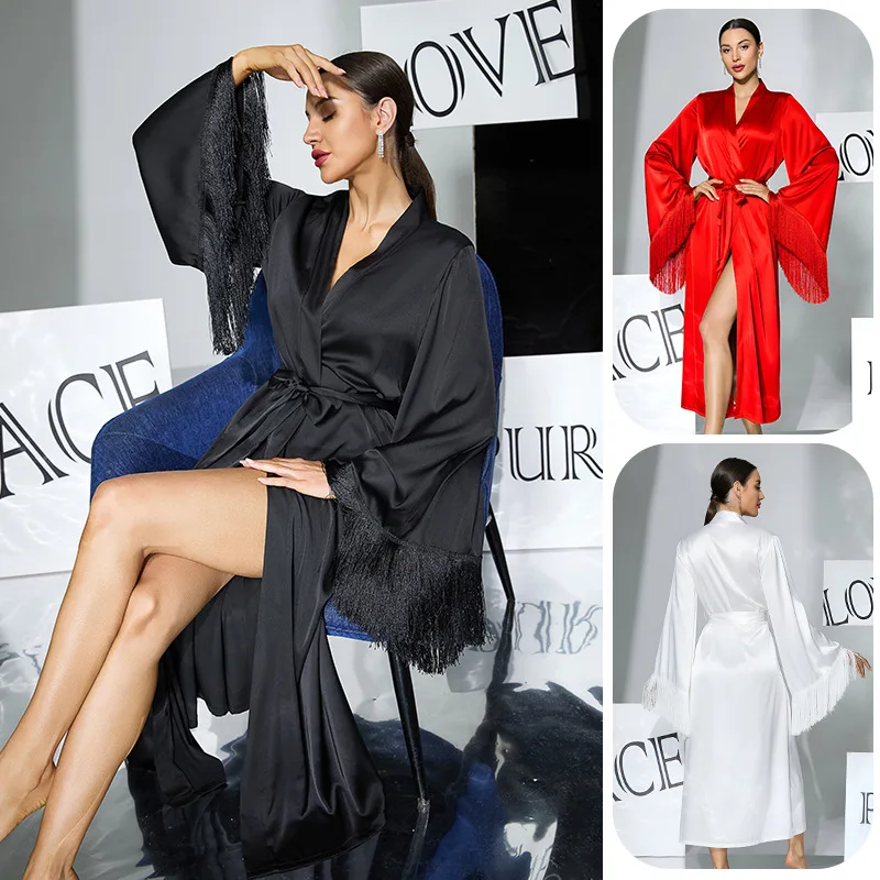 Light Luxury Satin Fringed Cuffs Nightgown Big Horn Sleeves V-neck Lace-up Three-color Dating Atmosphere Homewear CW74737