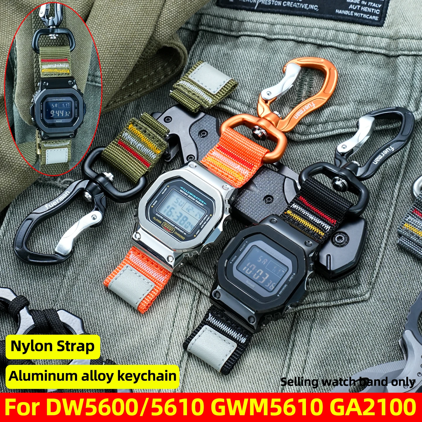New Upgrade Outdoors Aluminum alloy keychain Nylon watch Strap For Casio DW5600 GWM5610 GA2100 GWM5610 DW-5600 watch Band Men