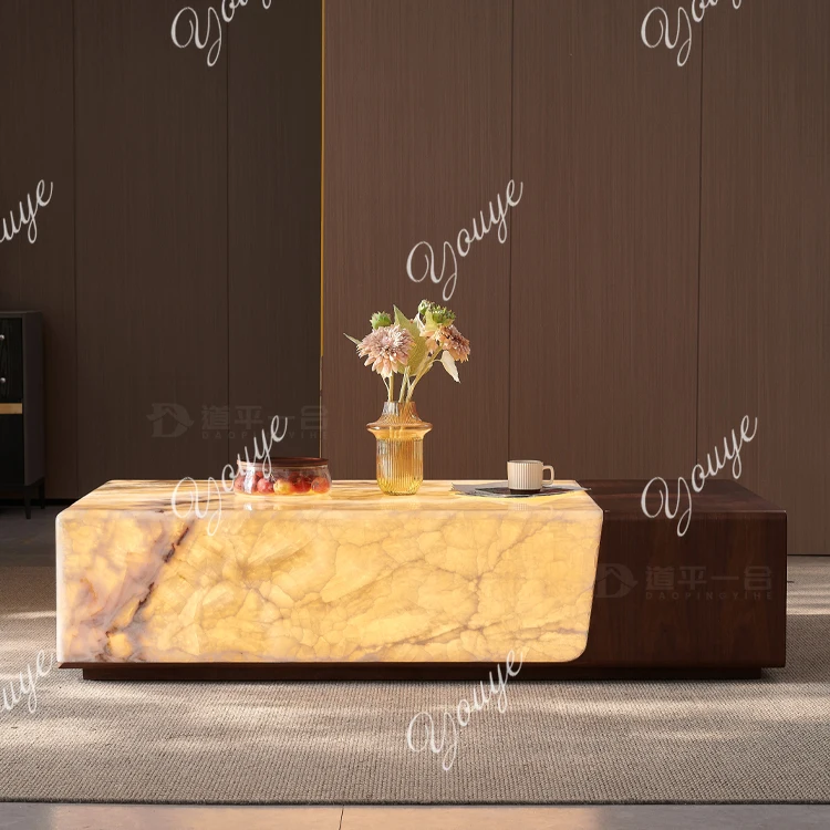 Natuurlijke marmeren lichtgevende salontafel, lichte luxe high-end grote design salontafel in de woonkamer met vlakke vloer