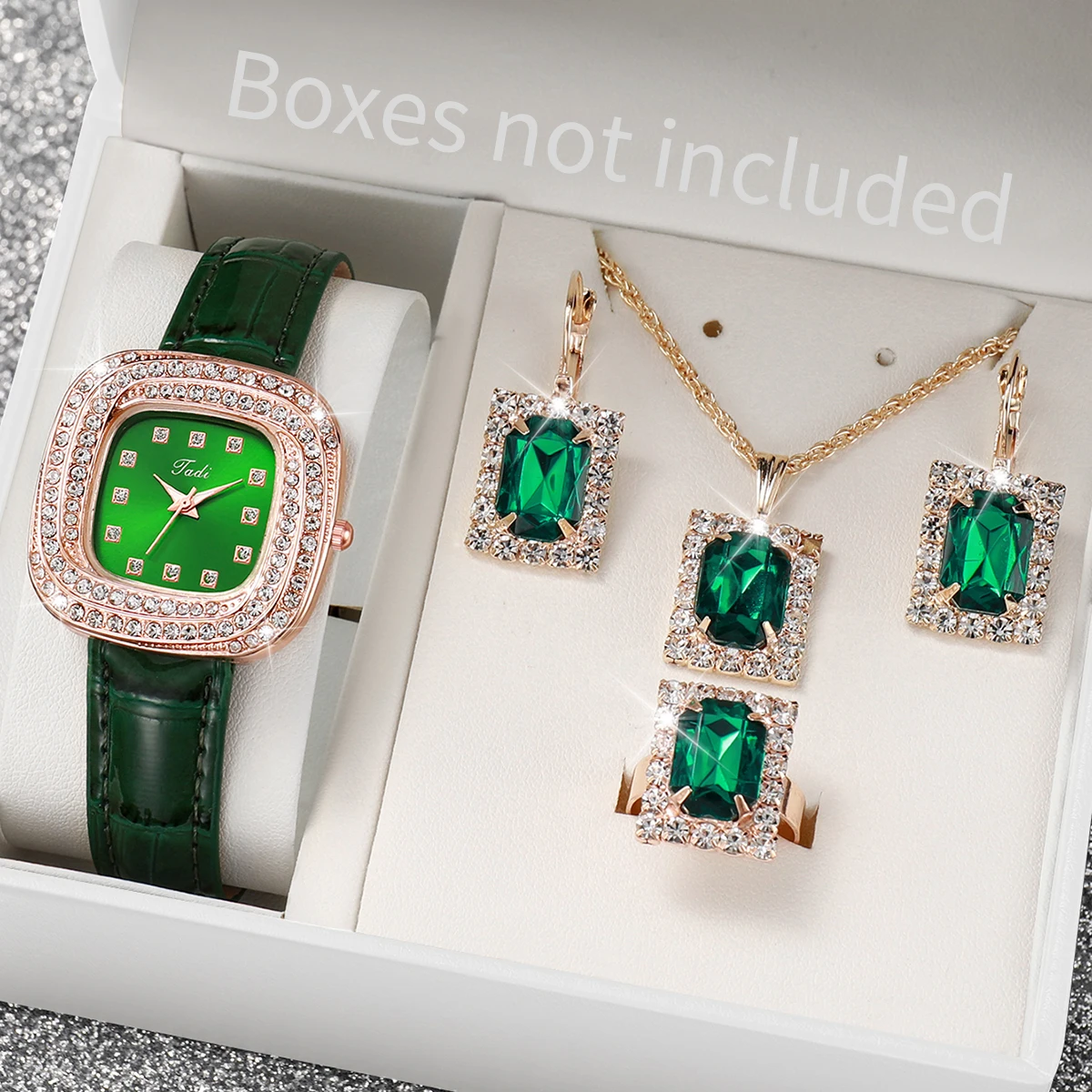 5PCS/Set Women Watches Fashion Rhinestone Square Quartz Watch Leather Band Wristwatch Reloj Mujer Jewelry Set（Without Box）