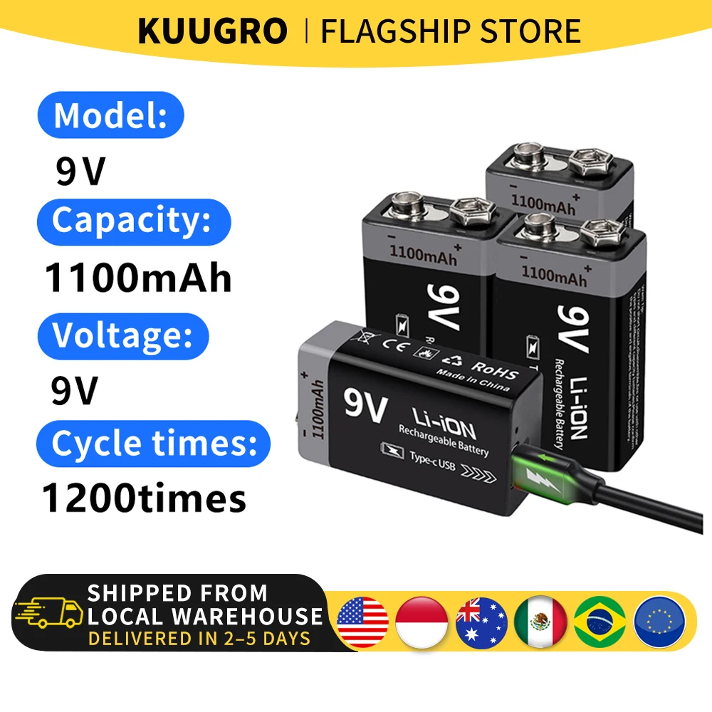 Kuugro USB 9V Rechargeable Battery 1100mAh Type-C Rechargeable 6F22 9V Li-ion Battery for RC Helicopeter Model Multimeter Toy