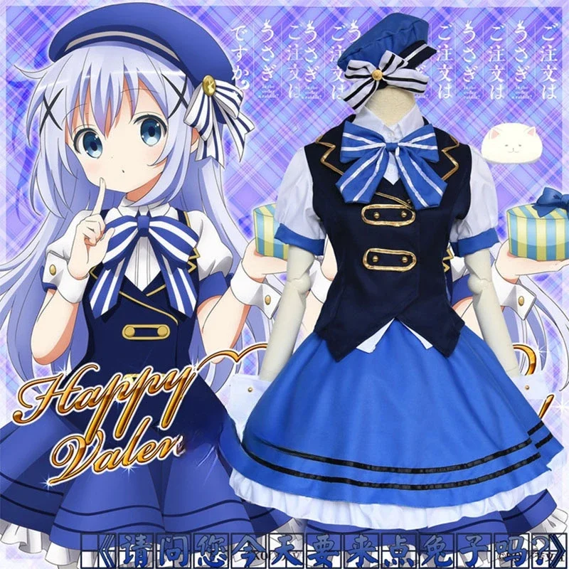 HN8 Hoto Kokoa Kafuu Chino Kirima Syaro ist die Bestellung ein Kaninchen Cosplay Kostüm Frauen Mädchen Uniform Kleid mit Hut Rollenspiel Pa) 4Dc