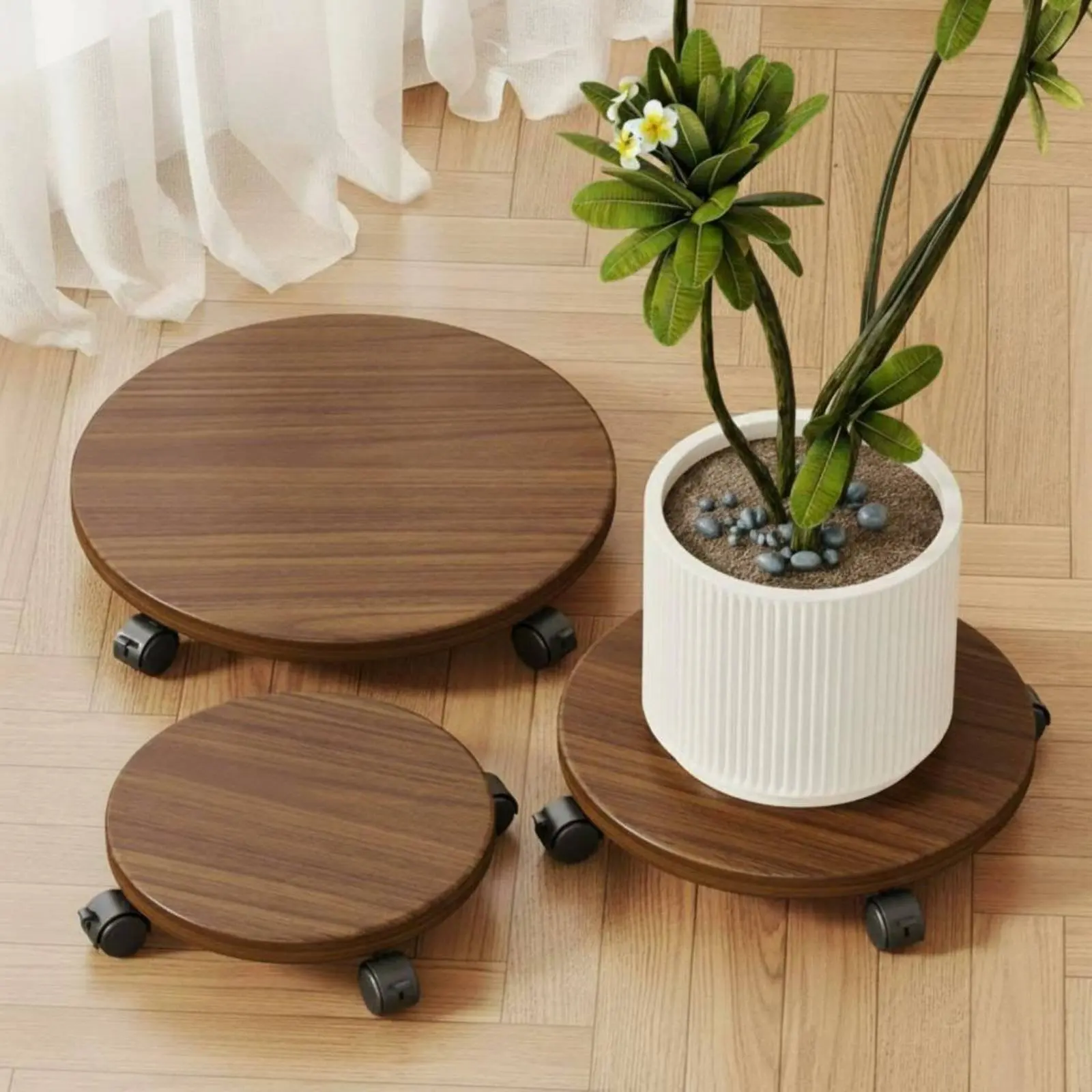 Round Planter Stand with Wheels Sturdy Duty Wooden Plant Stand Rolling Plant Trolley Space Saving Household Furniture for Indoor