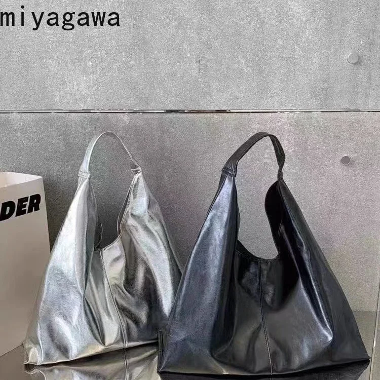 Miyagawa Fashion Causal Women's Tote Bag 2024 New Silver Oil Wax Skin Shoulder Bags Large Capacity Handbag