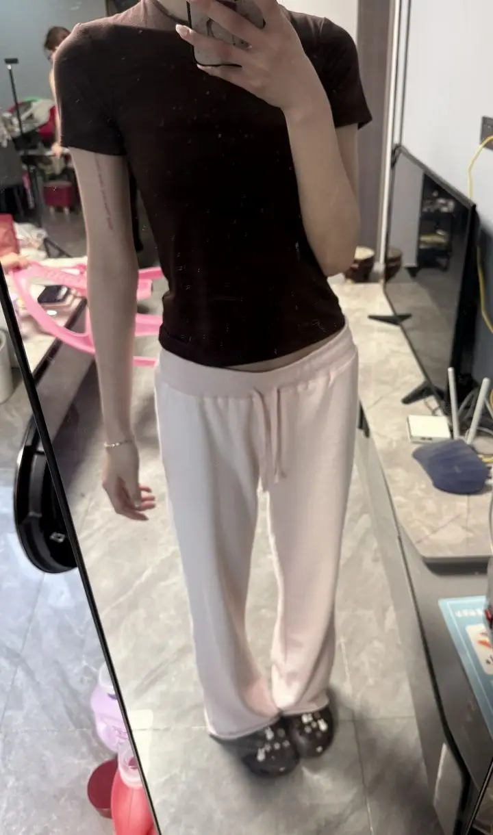 Neue hellrosa Jogginghose mit Kordelzug für Damen, Frühling, roher Saum, niedrige Taille, gerade lange Hose, lässige All-Match-Sporthose aus Baumwolle – Detail 14