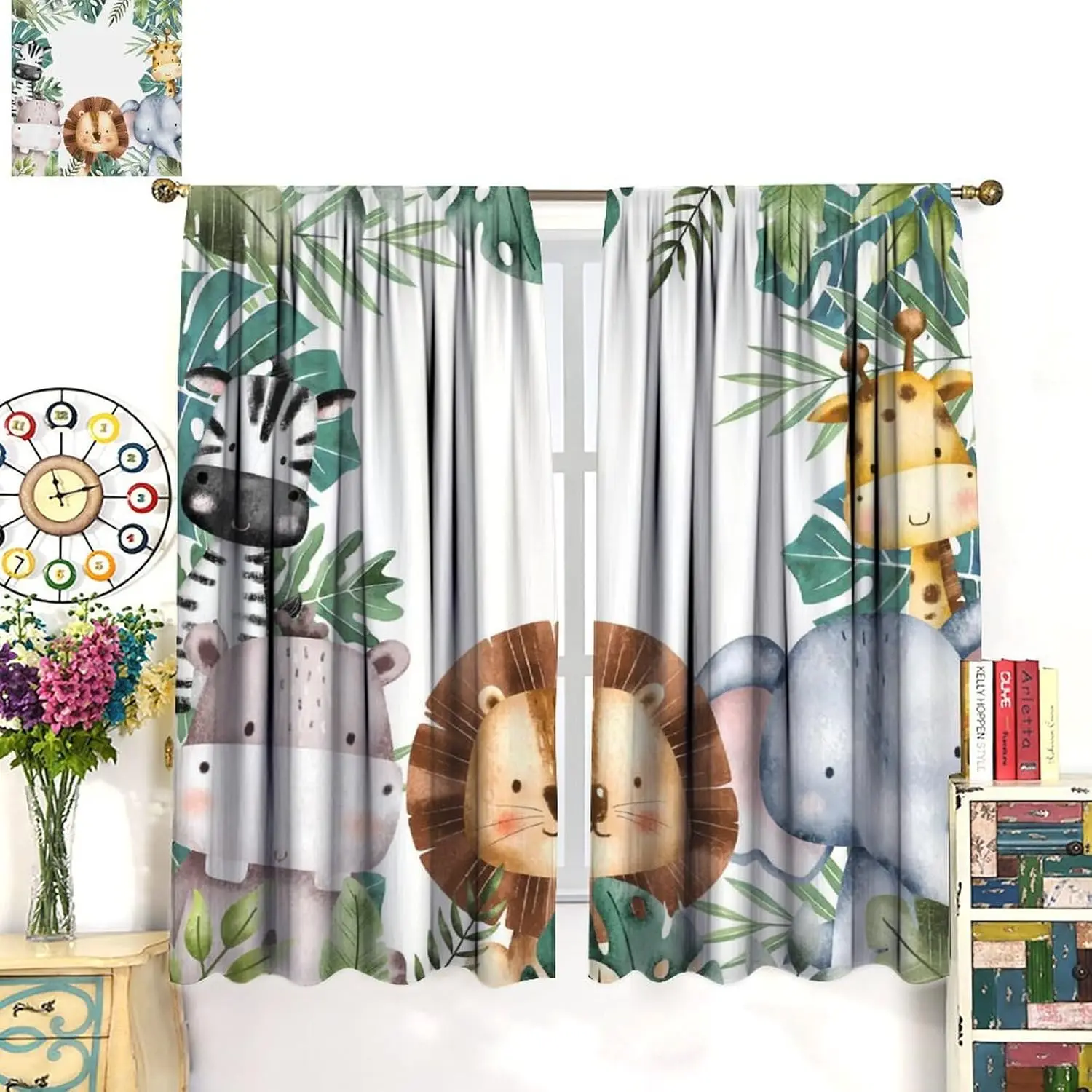 Forest Animals Curtains Cartoon Cute African Lion Elephant Giraffe Tropical Palm Leaves Window Treatments for Kids Boys Girls