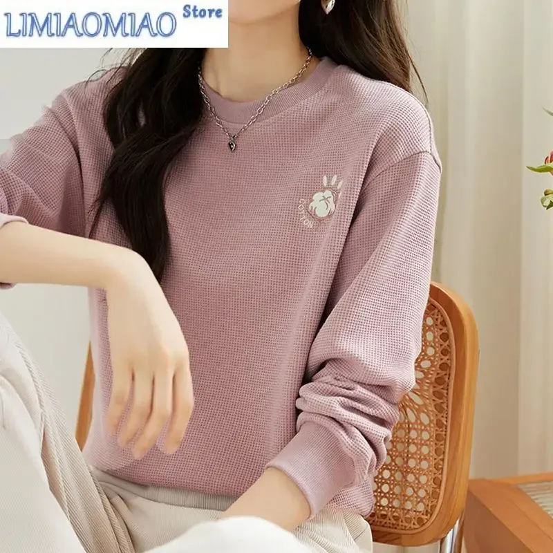 Autumn New Solid Color Embroidered Sweatshirts Women Classic Long Sleeve O-collar All-match Loose Fashion Comfortable Top