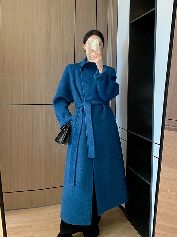 

2025 New Casual Woolen Coat Women Winter High-End Korean Sle Stand Collar Waist-Cinched Double-Faced Woolen Jaet