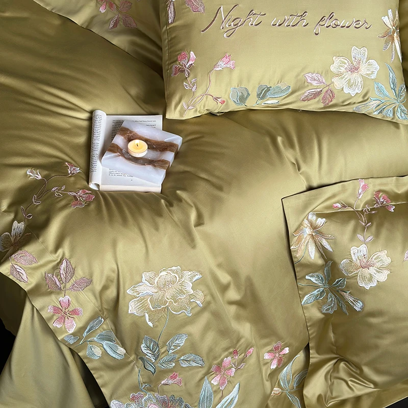 Egípcio Algodão Flores Bordado Conjunto de cama Pastoral, Plana, Lençol, Fronhas, Completo, Rainha, Rei Duvet Cover, 1000TC