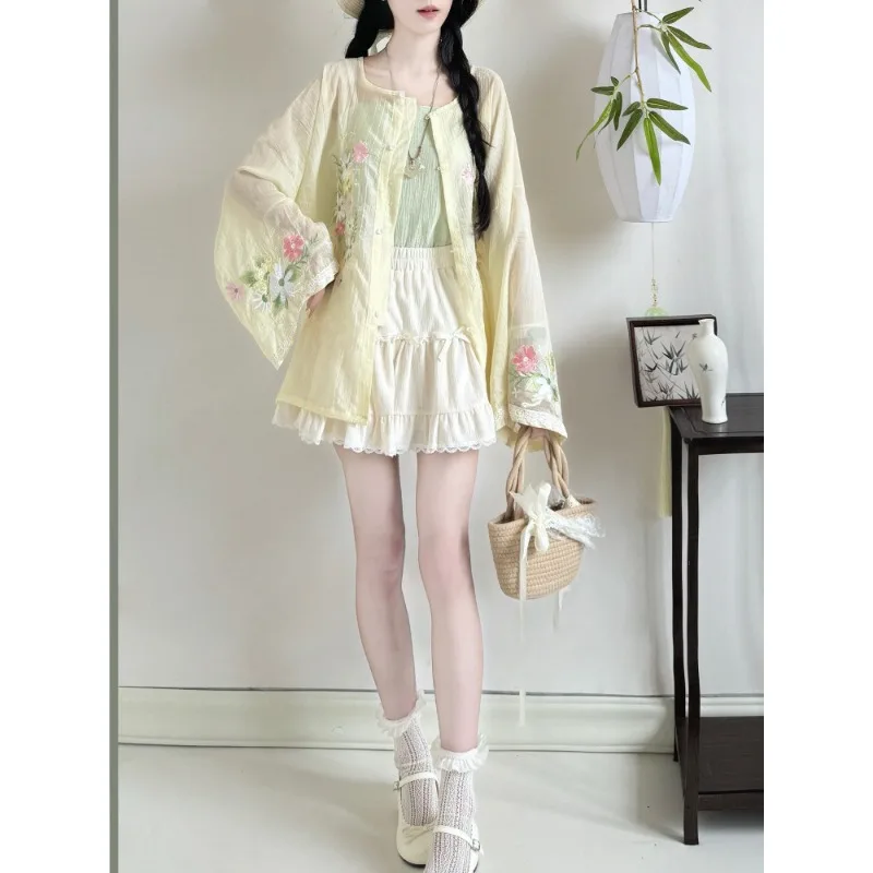 

New Chinese Style Hanfu Women Round Neck Top Short Skirt Daily Commute Set