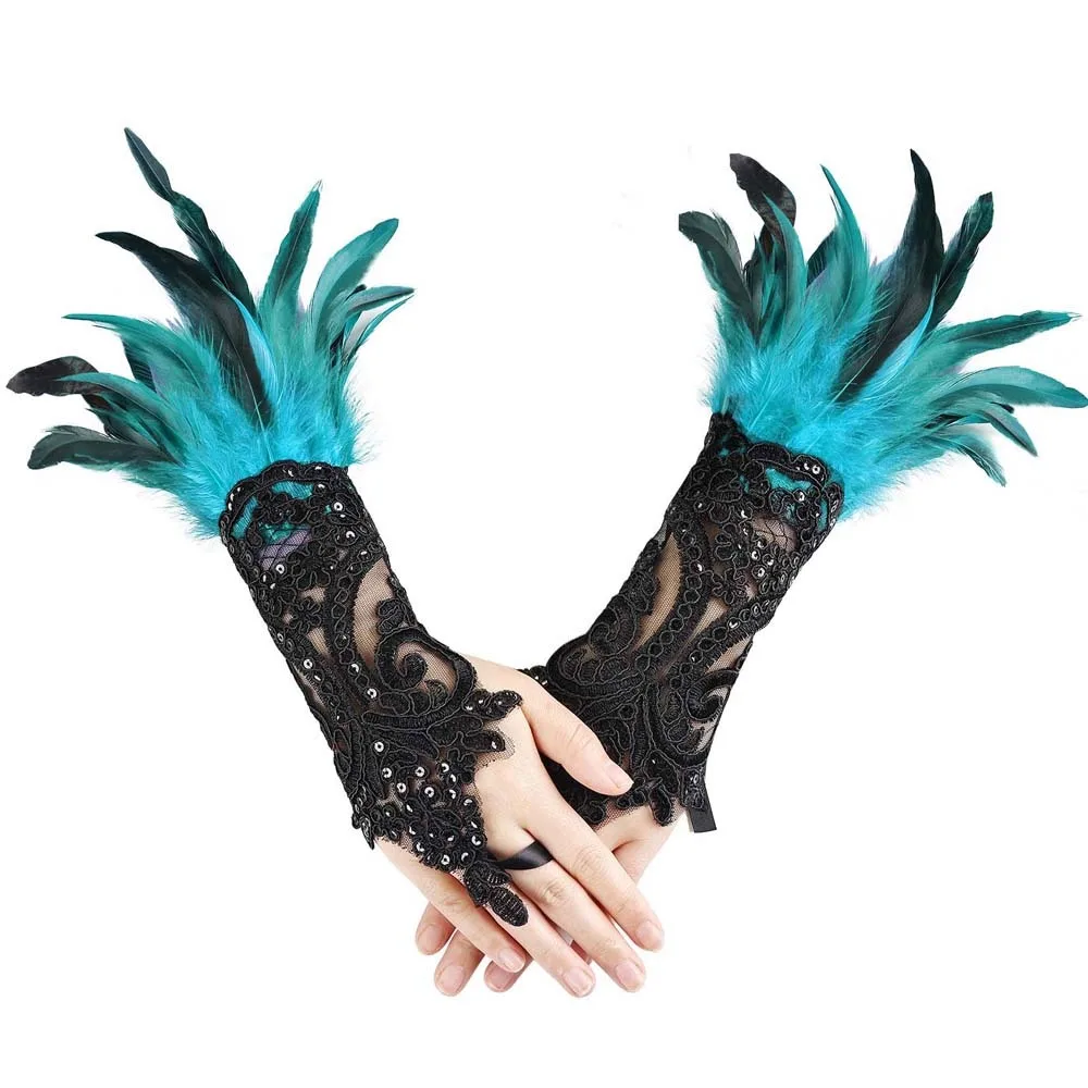 

Retro Halloween Feather Gloves Embroidery Gothic Sequins Feather Lace Gloves Cuffs Dark Women Halloween Arm Sleeves Ball