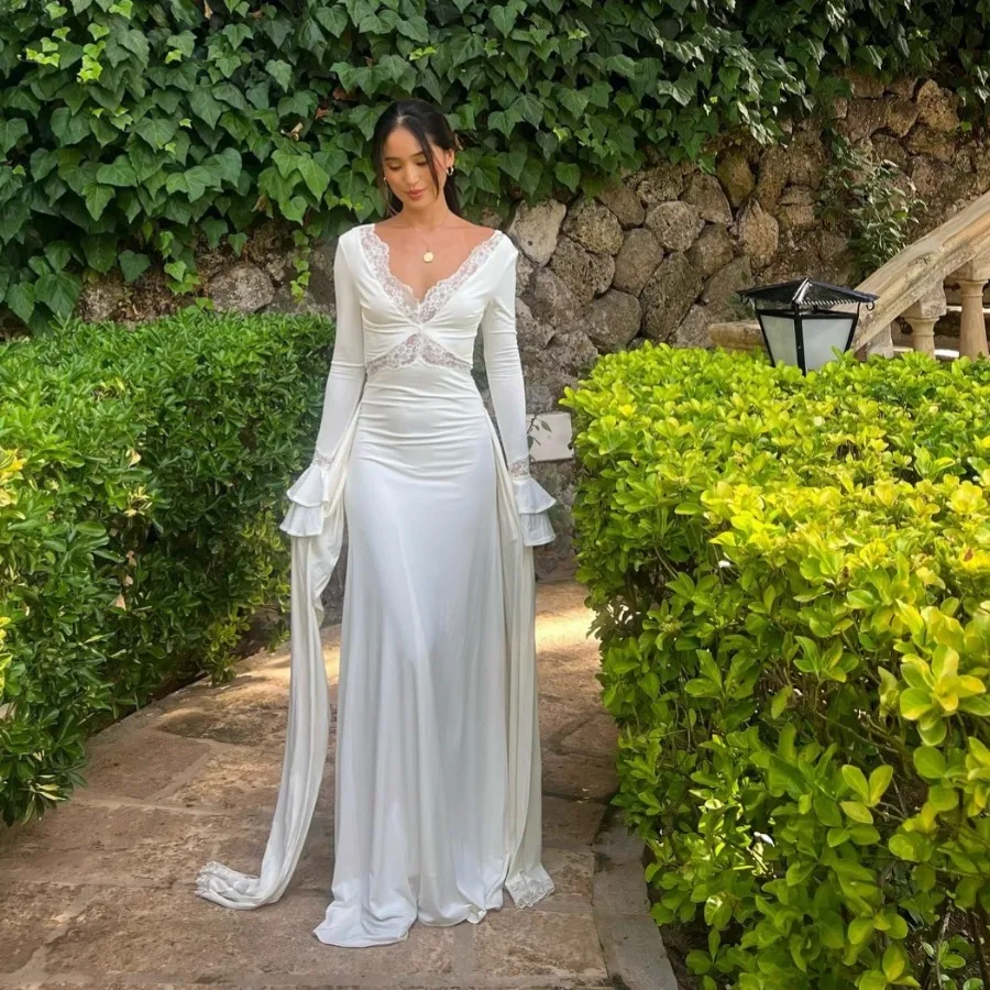 Vestidos largos de fiesta con cuello en V para mujer, vestido veraniego de encaje con manga acampanada, encaje blanco para boda, verano 2025, Sexy hasta el suelo, Vestidos Largos