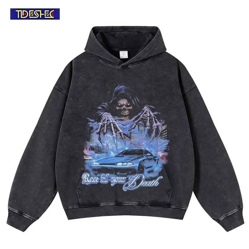 

Harajuku Vintage Skeleton Print Oversized Hip Hop Streetwear Washed Sweatshirt Stretwear Hoodie Pattern Cotton Hooded Pullover