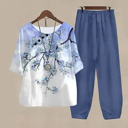 Ladies Elegant Vintage Suit Sakura Print White Two Piece Set Casual Female Loose Outfits Round-Neck Short Sleeve Suits Summer