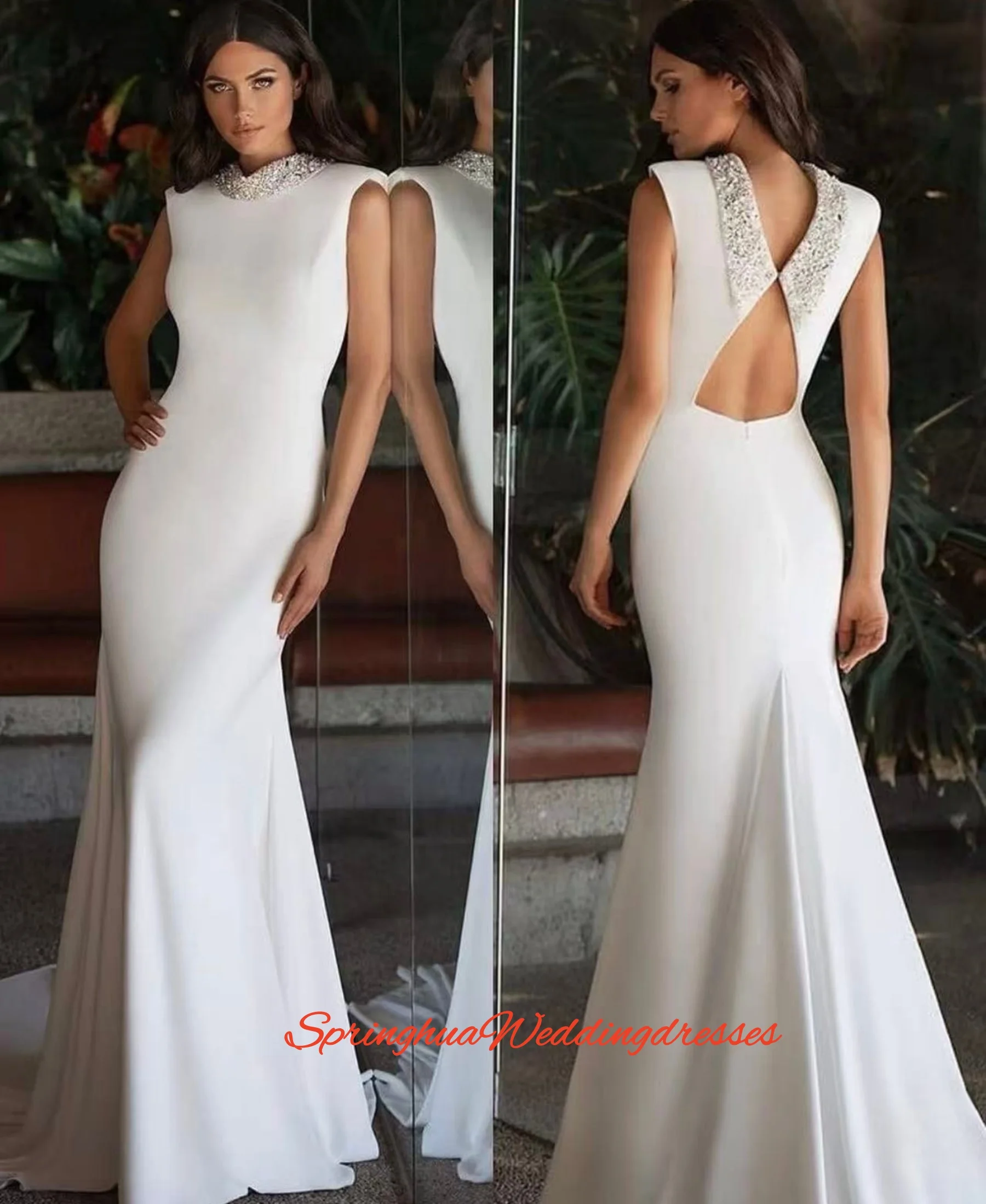 

Customized Elegant Beading High Neck Wedding Dress Sleeveless Mermaid Floor Length Sweep Train Bride Dubai Marriage Dress Gowns