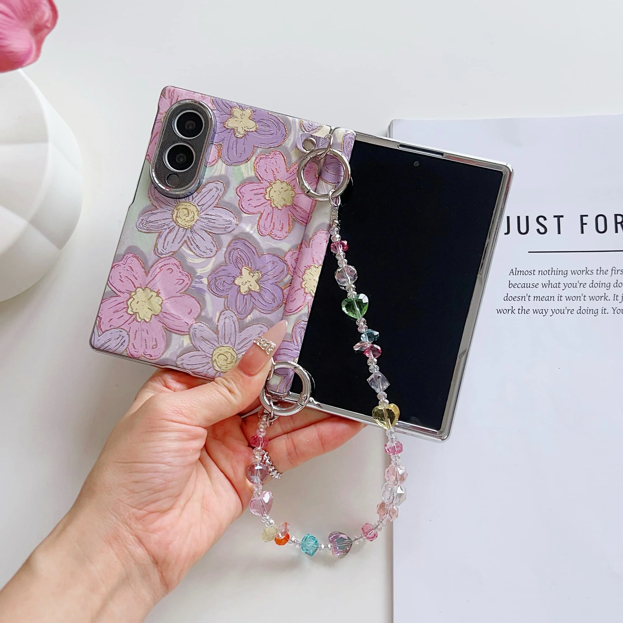 For Samsung Galaxy Z Fold 8 Ultra Fold 8 Wide Oil Painting Flowers Pattern Case For Magsafe With Bracelet Shockproof Hard Cover