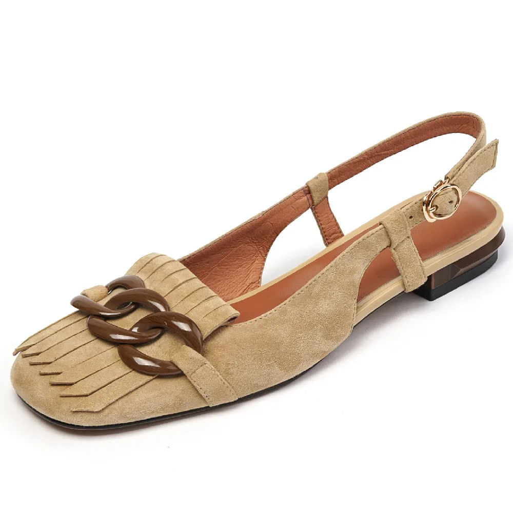 Damski naturalny zamsz skórzany fringe z dekoracyjnym łańcuchem slingback slip-on letnie mieszkania sandały kwadratowy nosek dorywczo kobiece