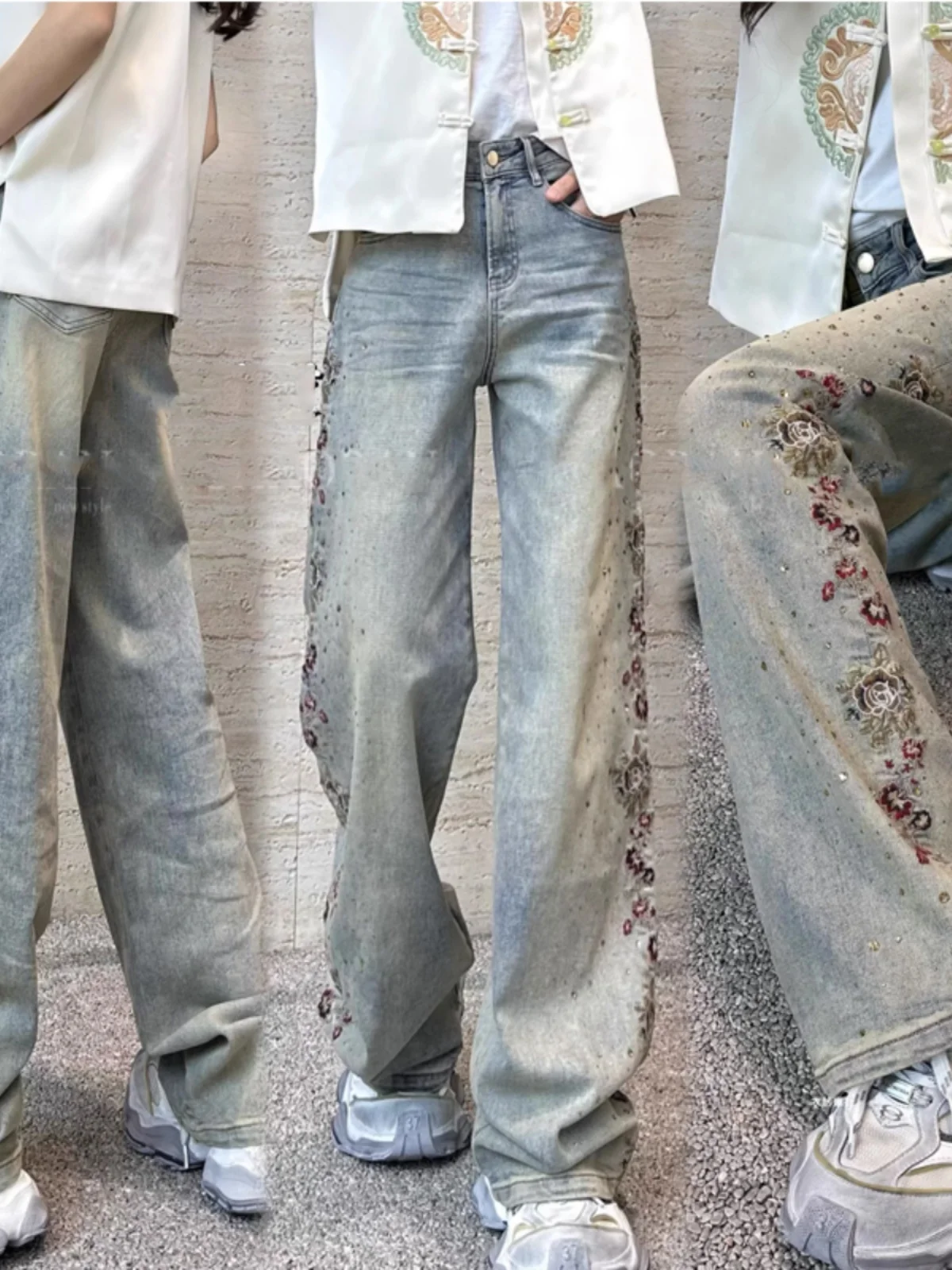 

Модные широкие джинсы с высокой талией и вышивкой, украшенные в пол, с бриллиантами, теплопередача, весна-осень, Новое поступление