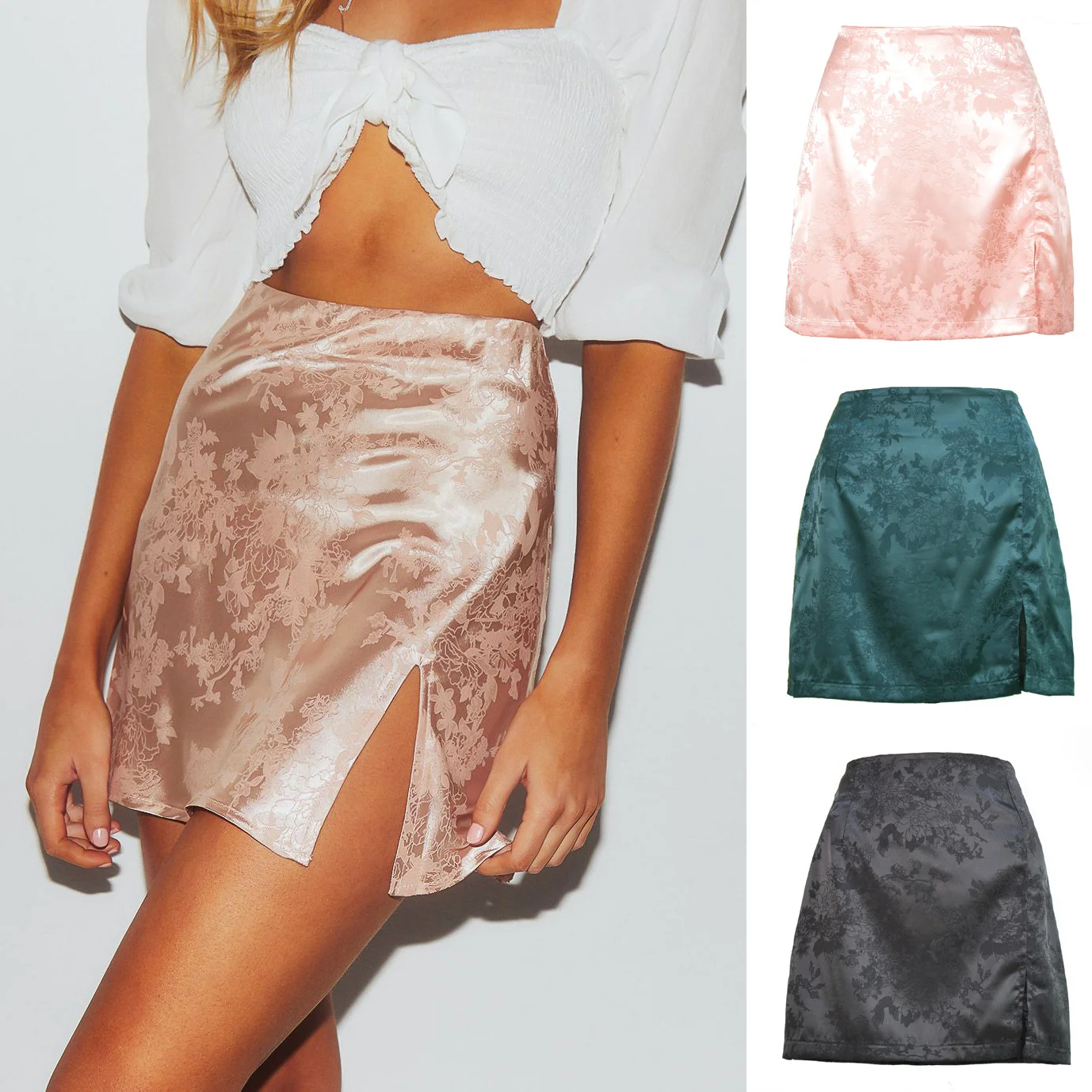 New In Floral Satin Side Split Sexy Skirt Women 2024 Summer High Waist Zipper Bodycon Mini Skirts Streetwear Club Jupes