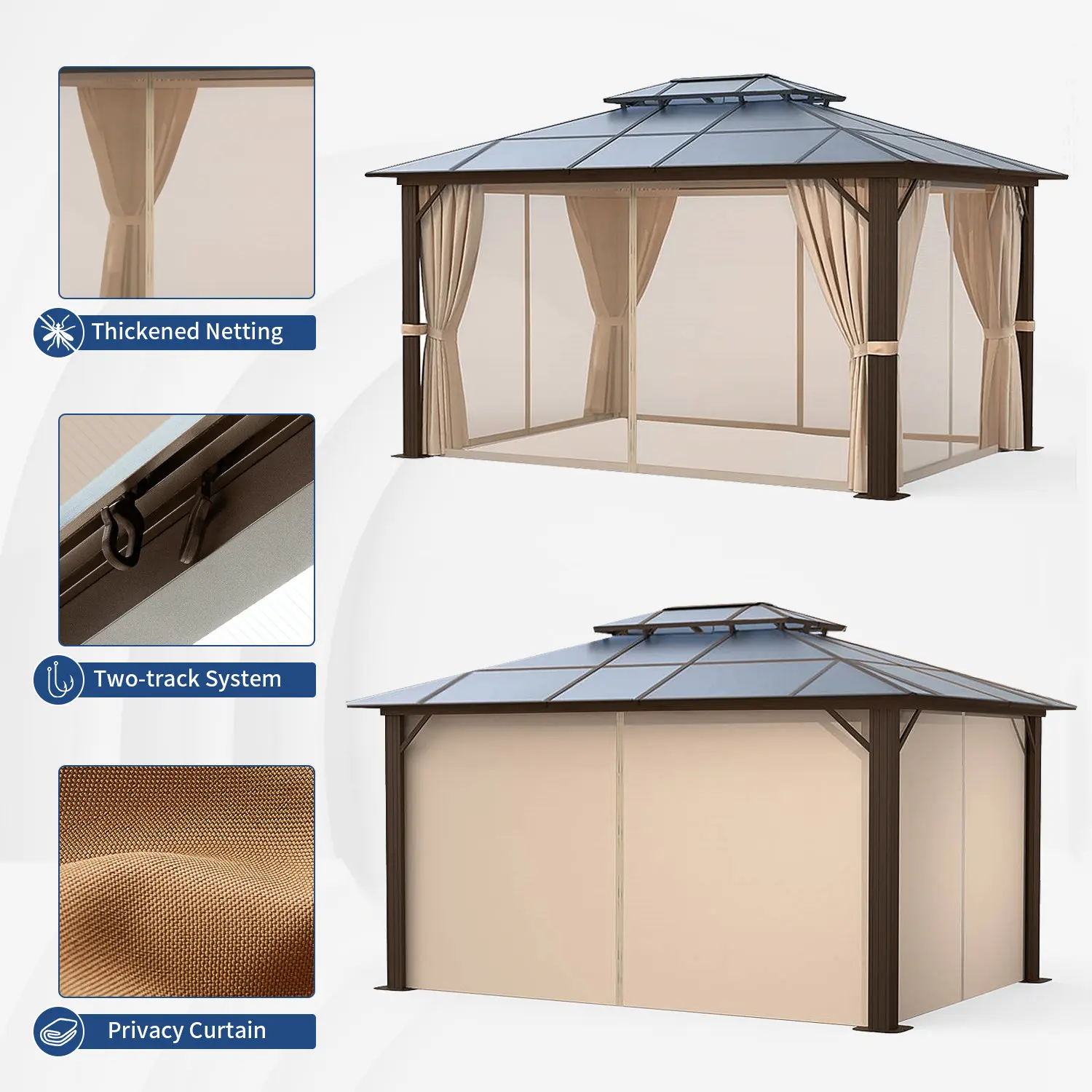 Aoxun-Outdoor Policarbonato Duplo Telhado, Hardtop Gazebo com moldura de alumínio, Pavilhão Permanente, Cortinas e Rede, 12x16'