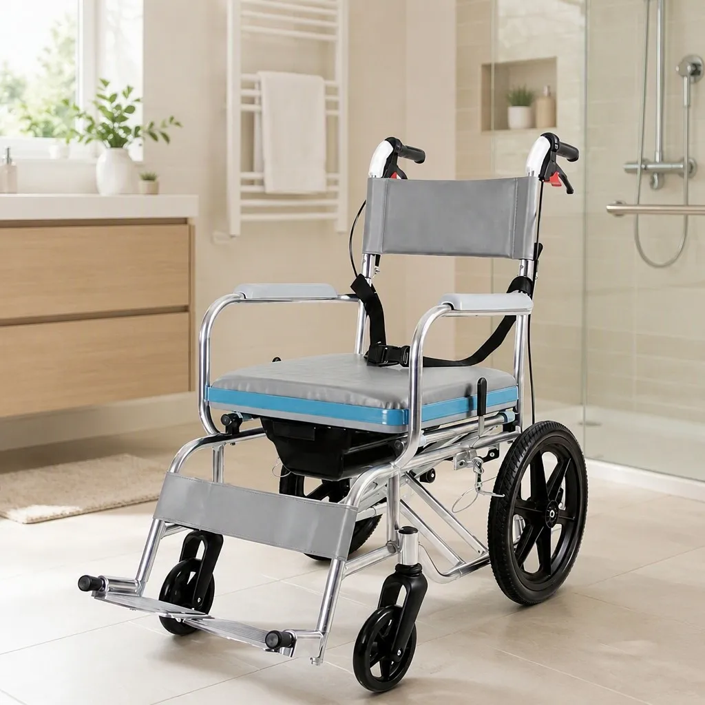 Folding Adjustable Lightweight Commode Wheelchair, Portable Shower Chair for Elderly, 4 Wheels, Medical Mobility Aid